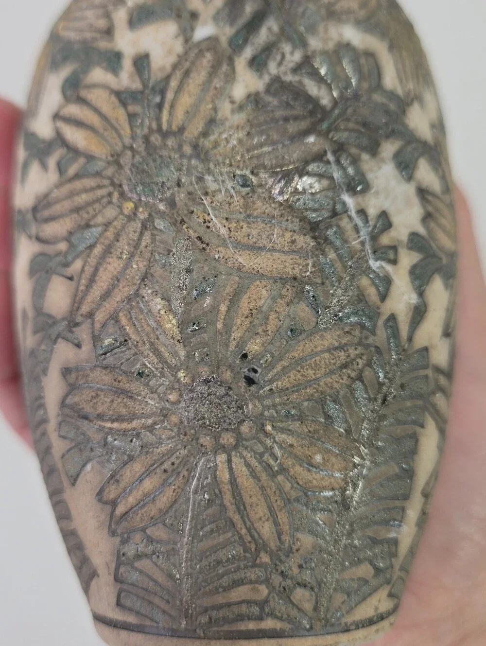 VTG Ceramic Vase Carved Botanical Floral Fern Sgraffito Decor Made In China